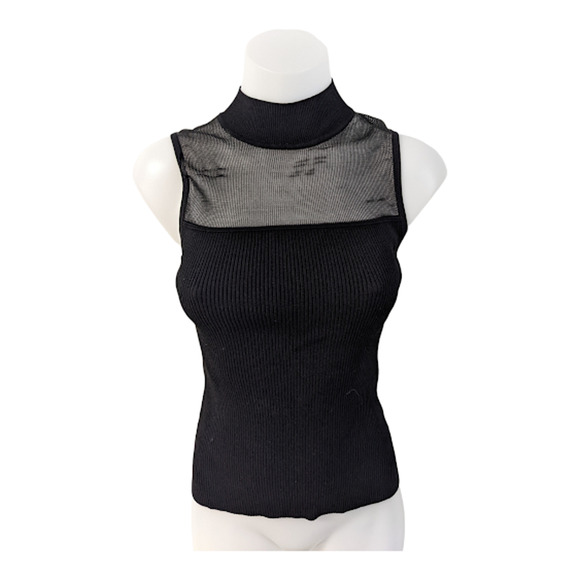 Milly XS Ribbed Mesh Combo Tank Top Black Mock Neck Sleeveless - Picture 1 of 9